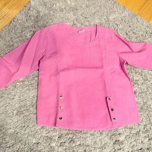 Click 80s/90s Pink Linen Blouse 3/4 Sleeve Button Accents Casual Top, sz S